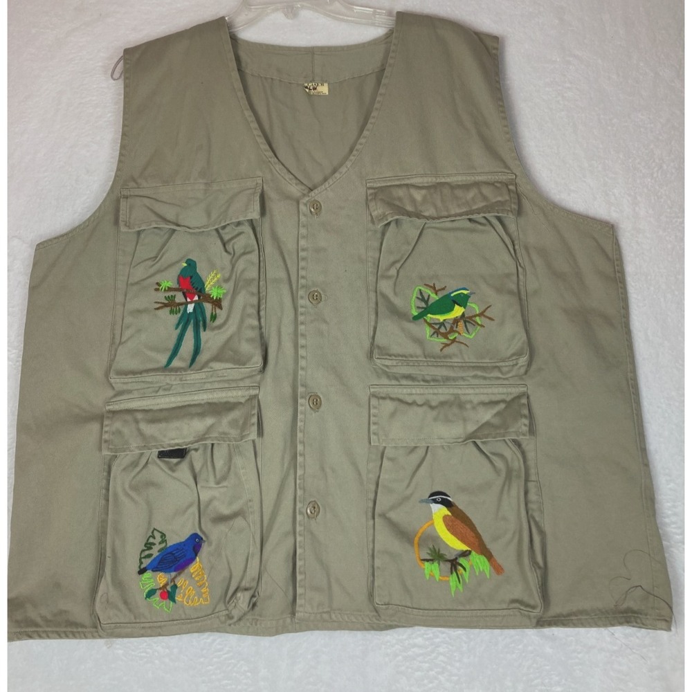 Casem Khaki Birdwatching Photography Vest with Needlepoint Various Birds SZ XL